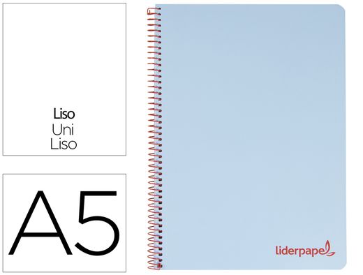 Cuaderno espiral liderpapel a5 micro wonder tapa plastico 120h 90g cuadro 5mm 5 bandas 6 taladros color celeste