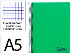 Cuaderno espiral liderpapel A5 micro wonder tapa plastico 120h 90gr cuadro 5mm 5 bandas 6 taladros color verde oscuro