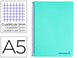 Cuaderno espiral liderpapel a5 micro wonder tapa plastico 120h 90g cuadro 5mm 5 bandas 6 taladros color verde