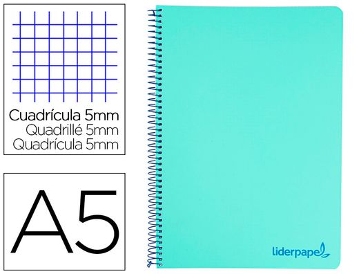 Cuaderno espiral liderpapel a5 micro wonder tapa plastico 120h 90g cuadro 5mm 5 bandas 6 taladros color verde