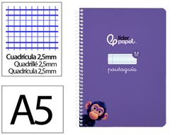 Cuaderno espiral liderpapel A5 pautaguia tapa blanda 40h 75 gr cuadro pautado 2,5mm color lila