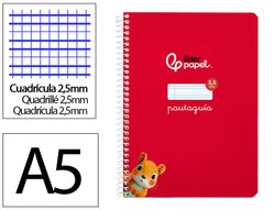 Cuaderno espiral liderpapel A5 pautaguia tapa blanda 40h 75 gr cuadro pautado 2,5mm color rojo