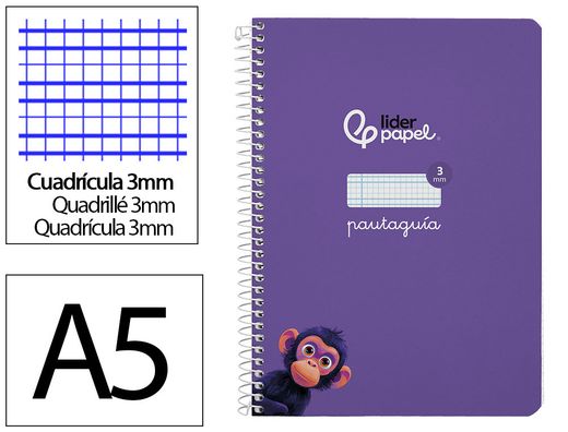 Cuaderno espiral liderpapel A5 pautaguia tapa dura 80h 90 gr cuadro pautado 3mm color lila