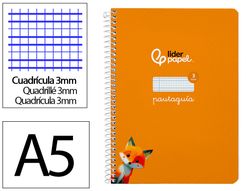Cuaderno espiral liderpapel A5 pautaguia tapa dura 80h 90 gr cuadro pautado 3mm color naranja