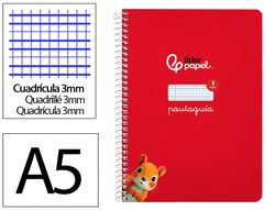 Cuaderno espiral liderpapel A5 pautaguia tapa dura 80h 90 gr cuadro pautado 3mm color rojo