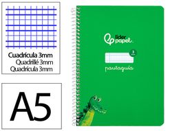 Cuaderno espiral liderpapel A5 pautaguia tapa dura 80h 90 gr cuadro pautado 3mm color verde