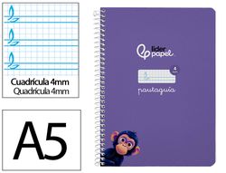 Cuaderno espiral liderpapel A5 pautaguia tapa dura 80h 90 gr cuadro pautado 4mm color lila