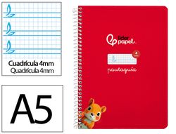 Cuaderno espiral liderpapel A5 pautaguia tapa dura 80h 90 gr cuadro pautado 4mm color rojo