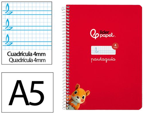 Cuaderno espiral liderpapel A5 pautaguia tapa dura 80h 90 gr cuadro pautado 4mm color rojo