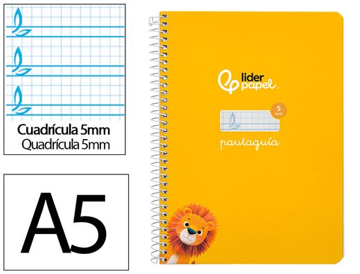 Cuaderno espiral liderpapel A5 pautaguia tapa dura 80h 90 gr cuadro pautado 5mm color amarillo