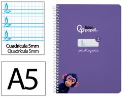 Cuaderno espiral liderpapel A5 pautaguia tapa dura 80h 90 gr cuadro pautado 5mm color lila