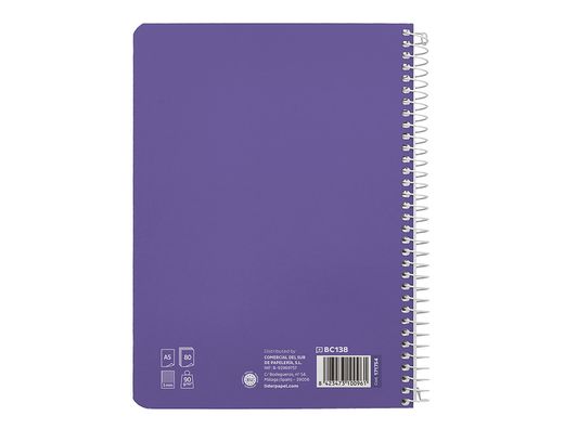 Cuaderno espiral liderpapel A5 pautaguia tapa dura 80h 90 gr cuadro pautado 5mm color lila