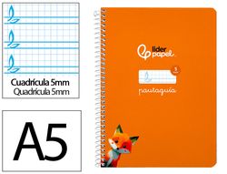 Cuaderno espiral liderpapel A5 pautaguia tapa dura 80h 90 gr cuadro pautado 5mm color naranja