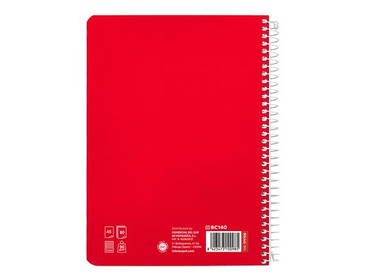 Cuaderno espiral liderpapel A5 pautaguia tapa dura 80h 90 gr cuadro pautado 5mm color rojo