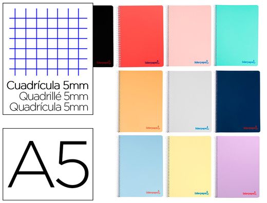 Cuaderno espiral liderpapel a5 wonder tapa plastico 80h 90gr cuadro 5mm con margen colores surtidos