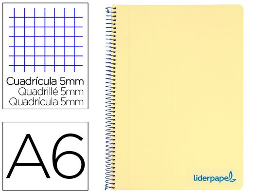 Cuaderno espiral liderpapel A6 micro wonder tapa plastico 120h 90 gr cuadro 5mm 4 bandas color amarillo