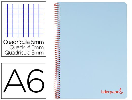 Cuaderno espiral liderpapel a6 micro wonder tapa plastico 120h 90 gr cuadro 5mm 4 bandas color celeste