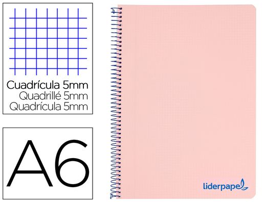 Cuaderno espiral liderpapel a6 micro wonder tapa plastico 120h 90 gr cuadro 5mm 4 bandas color rosa