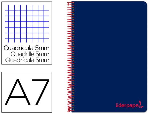 Cuaderno espiral liderpapel a7 micro wonder tapa plastico 100h 90 gr cuadro 5mm 4 bandas color azul marino
