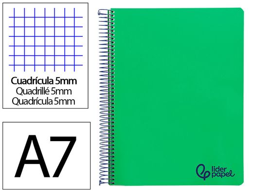 Cuaderno espiral liderpapel a7 micro wonder tapa plastico 100h 90gr cuadro 5mm 4 bandas color verde oscuro