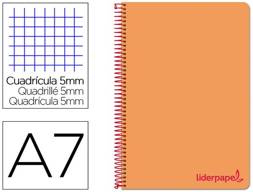 Cuaderno espiral liderpapel a7 micro wonder tapa plastico 100h 90 gr cuadro 5mm 4 bandas color naranja