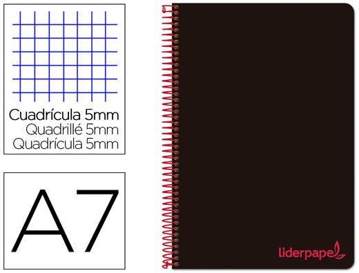 Cuaderno espiral liderpapel a7 micro wonder tapa plastico 100h 90 gr cuadro 5mm 4 bandas color negro