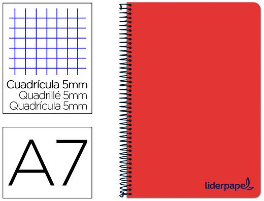 Cuaderno espiral liderpapel a7 micro wonder tapa plastico 100h 90 gr cuadro 5mm 4 bandas color rojo