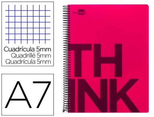Cuaderno espiral liderpapel a7 micro wonder tapa plastico 100h 90 gr cuadro 5mm 4 bandas color rosa