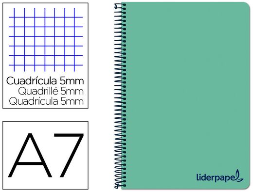 Cuaderno espiral liderpapel a7 micro wonder tapa plastico 100h 90 gr cuadro 5mm 4 bandas color verde