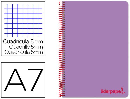 Cuaderno espiral liderpapel a7 micro wonder tapa plastico 100h 90 gr cuadro 5mm 4 bandas color violeta