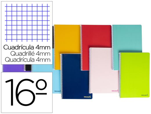 Cuaderno espiral liderpapel bolsillo dieciseavo smart tapa blanda 80h 60gr cuadro 4mm colores surtidos