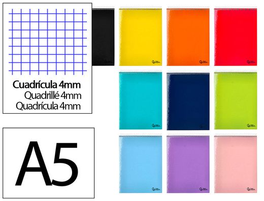 Cuaderno espiral liderpapel din A5 apaisado smart tapa blanda 80h 75gr cuadro 4mm con margen colores surtidos