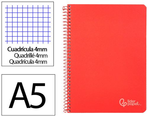 Cuaderno espiral liderpapel A5 witty tapa dura 80h 90gr cuadro 4mm con margen color rojo