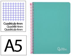 Cuaderno espiral liderpapel din A5 witty tapa dura 80h 90gr cuadro 4mm con margen color turquesa