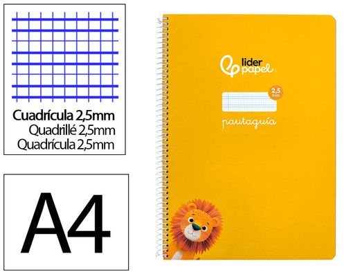 Cuaderno espiral liderpapel din A4 pautaguia tapa dura 80h 90 gr cuadro pautado 2,5 mm color amarillo