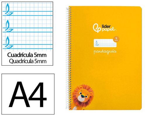 Cuaderno espiral liderpapel din A4 pautaguia tapa dura 80h 90 gr cuadro pautado 5mm color amarillo