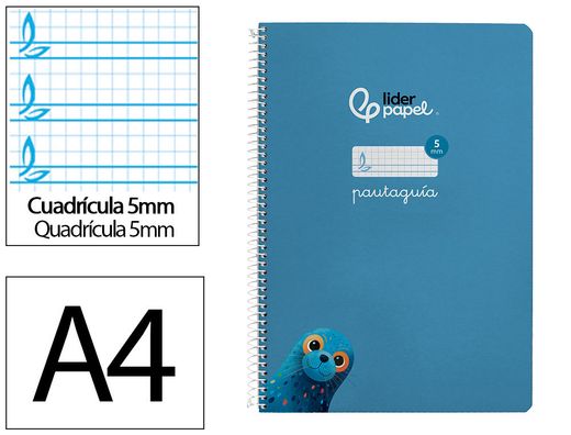 Cuaderno espiral liderpapel din A4 pautaguia tapa dura 80h 90 gr cuadro pautado 5mm color azul
