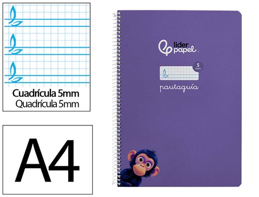 Cuaderno espiral liderpapel din A4 pautaguia tapa dura 80h 90 gr cuadro pautado 5mm color lila
