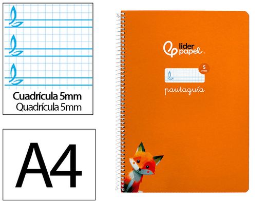 Cuaderno espiral liderpapel din A4 pautaguia tapa dura 80h 90 gr cuadro pautado 5mm color naranja