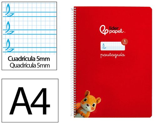 Cuaderno espiral liderpapel din A4 pautaguia tapa dura 80h 90 gr cuadro pautado 5mm color rojo