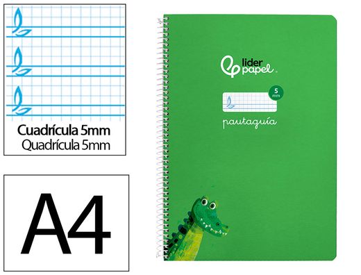 Cuaderno espiral liderpapel din A4 pautaguia tapa dura 80h 90 gr cuadro pautado 5mm color verde