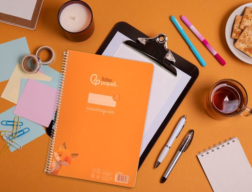 Cuaderno espiral liderpapel A4 pautaguia tapa plastico 80h 90gr cuadro pautado 3mm con margen color naranja