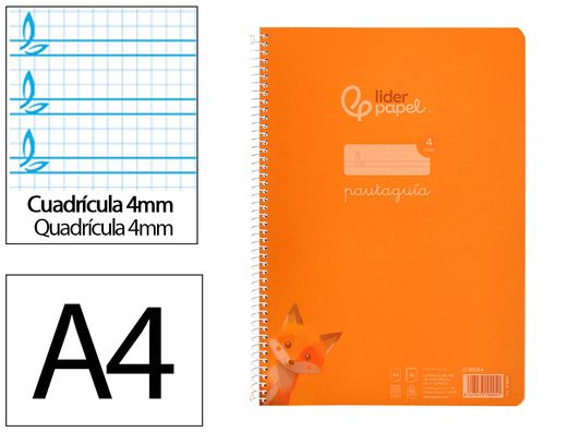 Cuaderno espiral liderpapel A4 pautaguia tapa plastico 80h 90gr cuadro pautado 4mm con margen color naranja