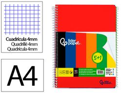 Cuaderno espiral liderpapel din A4 tapa polipropileno 80h 90gr cuadro 4mm con margen pack 5+1 colores surtidos