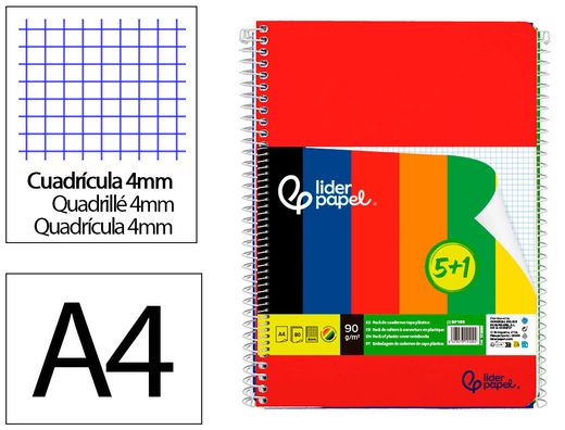 Cuaderno espiral liderpapel din A4 tapa polipropileno 80h 90gr cuadro 4mm con margen pack 5+1 colores surtidos