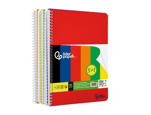 Cuaderno espiral liderpapel din A4 tapa polipropileno 80h 90gr cuadro 4mm con margen pack 5+1 colores surtidos
