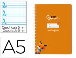 Cuaderno espiral liderpapel din A5 pautaguia tapa blanda 40 h 75 gr cuadro pautado 5mm color naranja