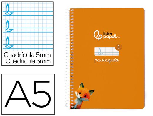Cuaderno espiral liderpapel din A5 pautaguia tapa blanda 40 h 75 gr cuadro pautado 5mm color naranja