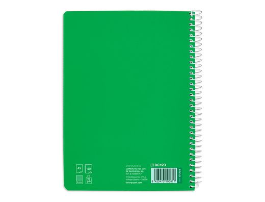 Cuaderno espiral liderpapel din A5 pautaguia tapa blanda 40 h 75 gr cuadro pautado 5mm color verde