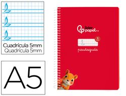 Cuaderno espiral liderpapel din A5 pautaguia tapa blanda 40h 75 gr cuadro pautado 5mm color rojo